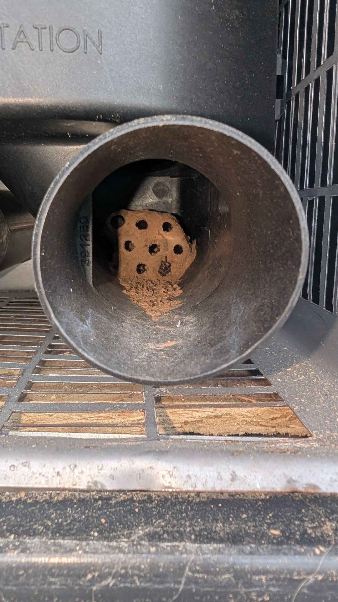 Mud dauber nest removed from inside an RV furnace tube