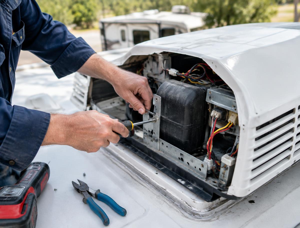 Mobile RV technician servicing a rooftop RV air conditioner with hand tools