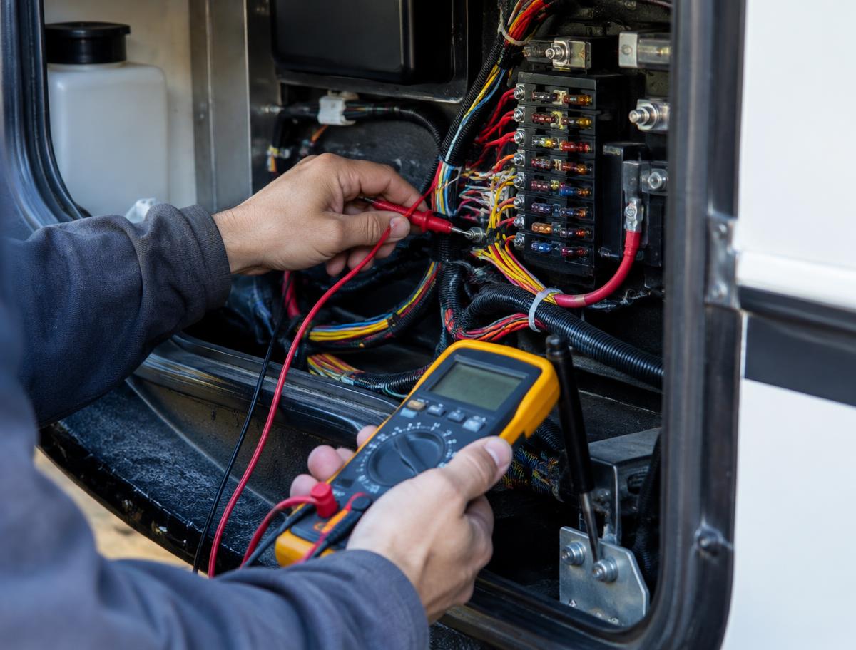 RV technician testing 12-volt wiring and fuses inside a travel trailer power bay with a multimeter